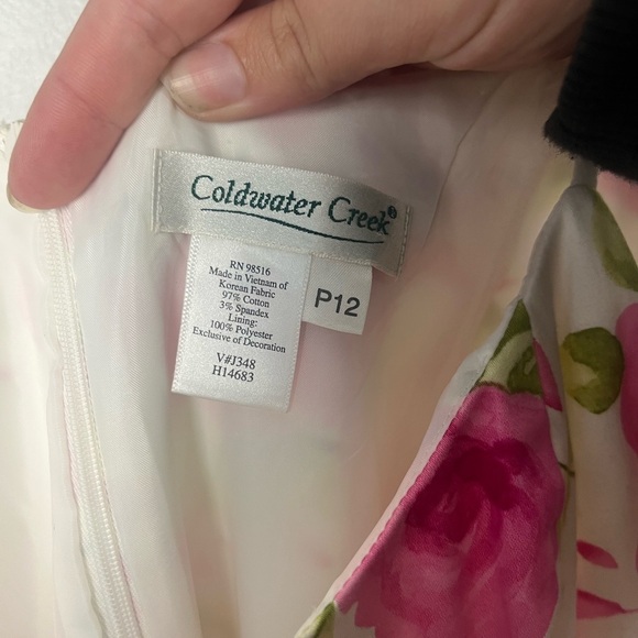 Coldwater creek white and pink rose printed midi length tie dress size 12 P - Picture 3 of 7